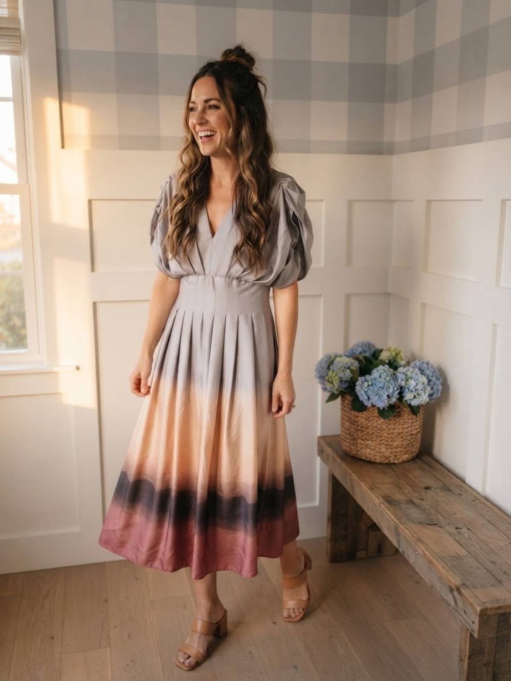 MARINA Puff-Sleeve Ombre Midi Dress Small